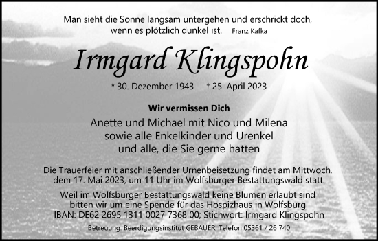 Traueranzeige von Irmgard Klingspohn von Wolfsburger Nachrichten