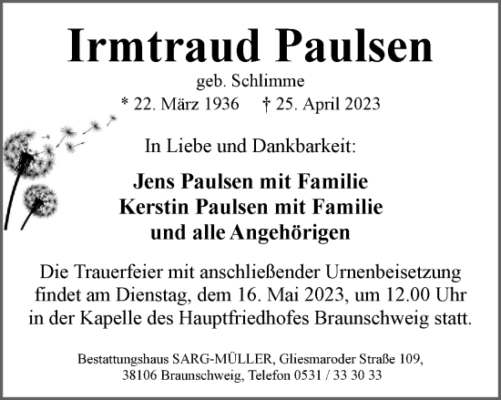 Traueranzeige von Irmtraud Paulsen von Braunschweiger Zeitung