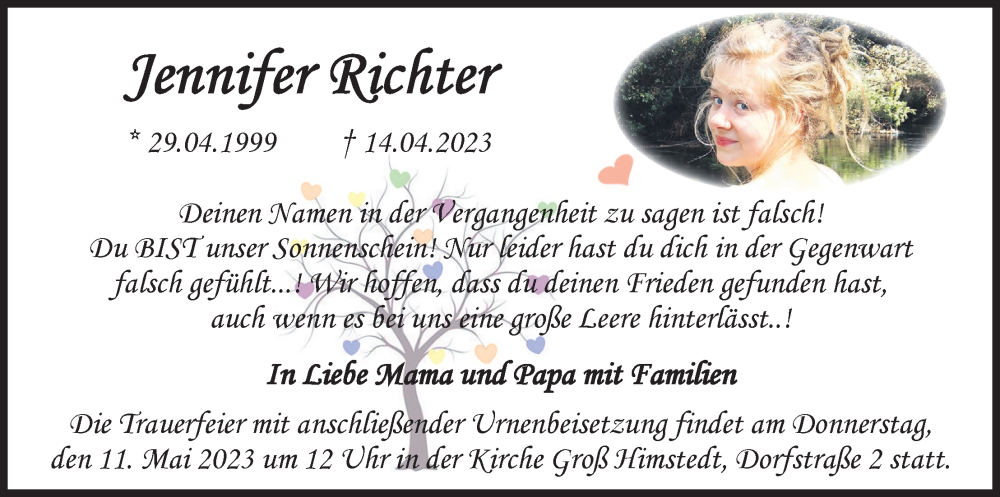  Traueranzeige für Jennifer Richter vom 06.05.2023 aus Neue Braunschweiger am Samstag