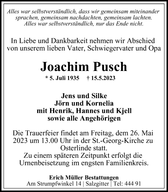 Traueranzeige von Joachim Pusch von Salzgitter-Zeitung