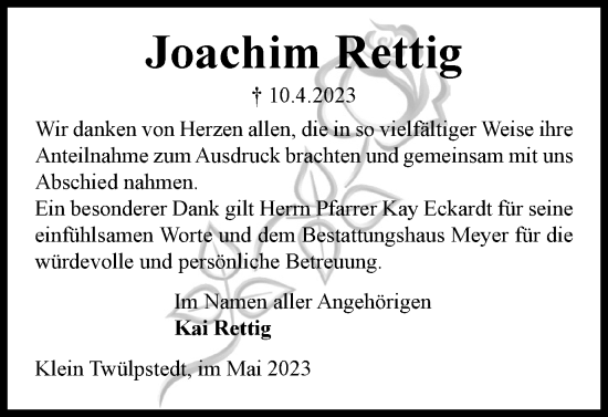 Traueranzeige von Joachim Rettig von Wolfsburger Nachrichten