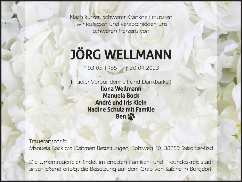  Traueranzeige für Jörg Wellmann vom 13.05.2023 aus Braunschweiger Zeitung