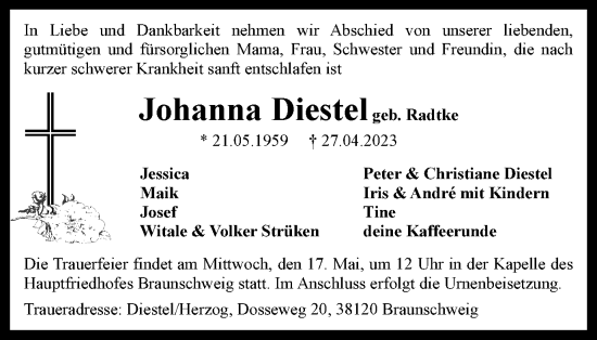 Traueranzeige von Johanna Diestel von Braunschweiger Zeitung