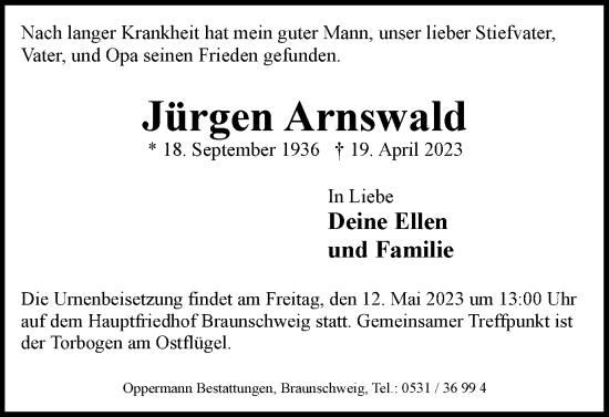 Traueranzeige von Jürgen Arnswald von Braunschweiger Zeitung