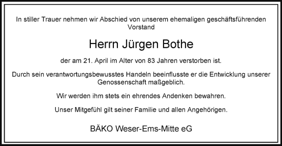 Traueranzeige von Jürgen Bothe von Braunschweiger Zeitung