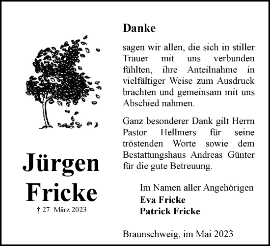Traueranzeige von Jürgen Fricke von Braunschweiger Zeitung
