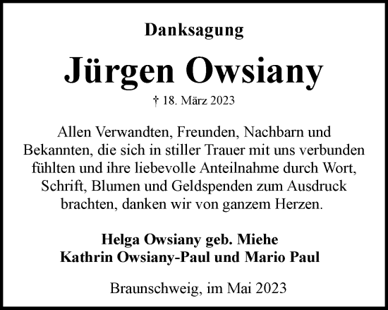Traueranzeige von Jürgen Owsiany von Braunschweiger Zeitung