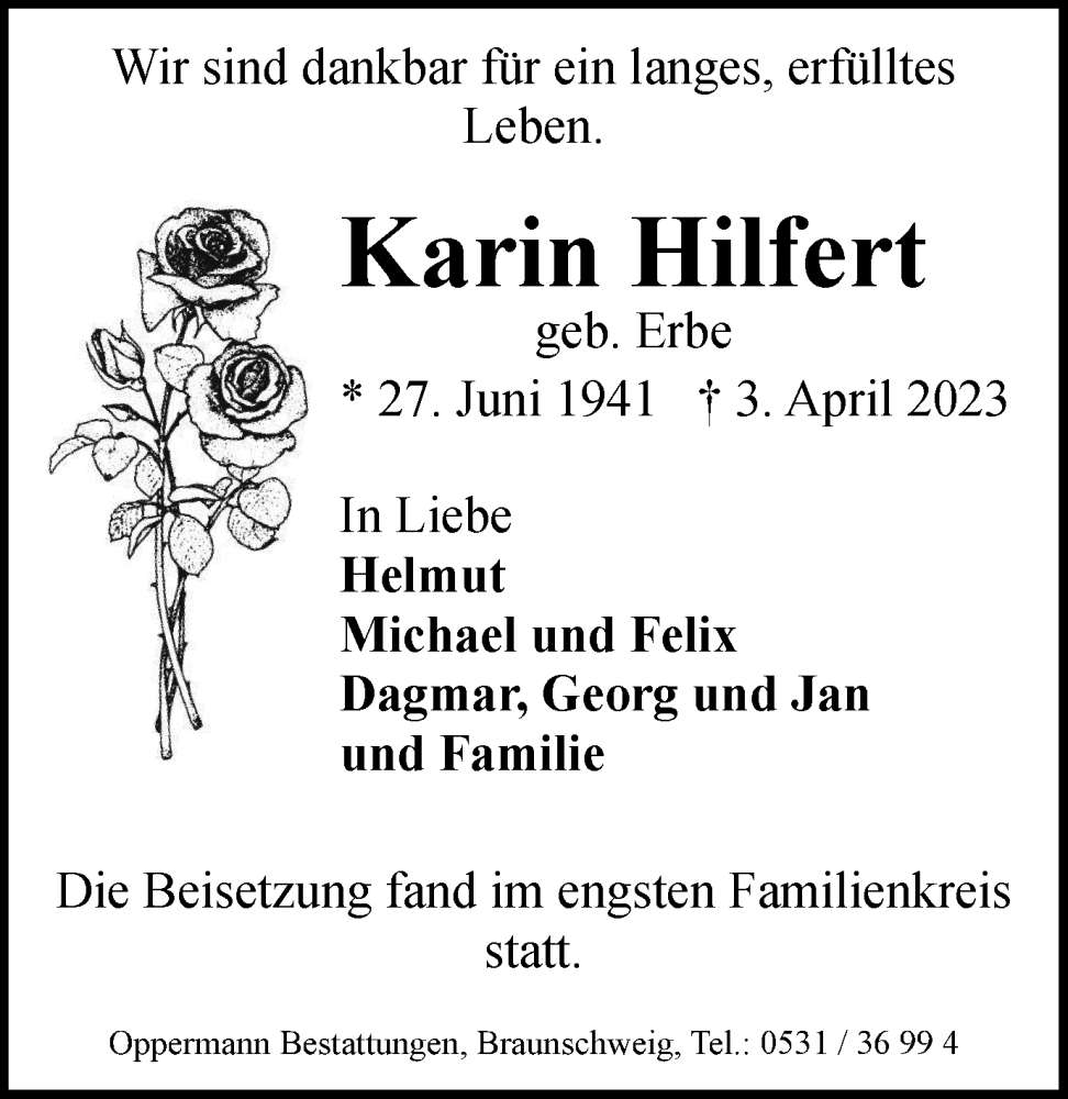  Traueranzeige für Karin Hilfert vom 06.05.2023 aus Braunschweiger Zeitung