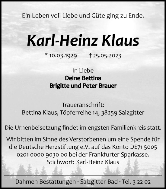 Traueranzeige von Karl-Heinz Klaus von Salzgitter-Zeitung