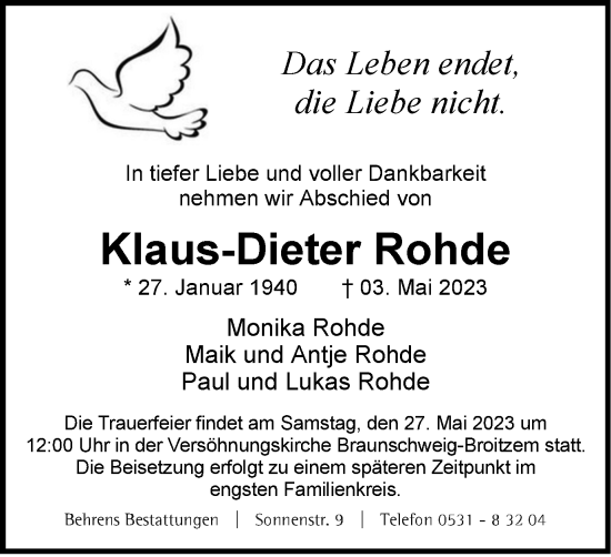 Traueranzeige von Klaus-Dieter Rohde von Braunschweiger Zeitung