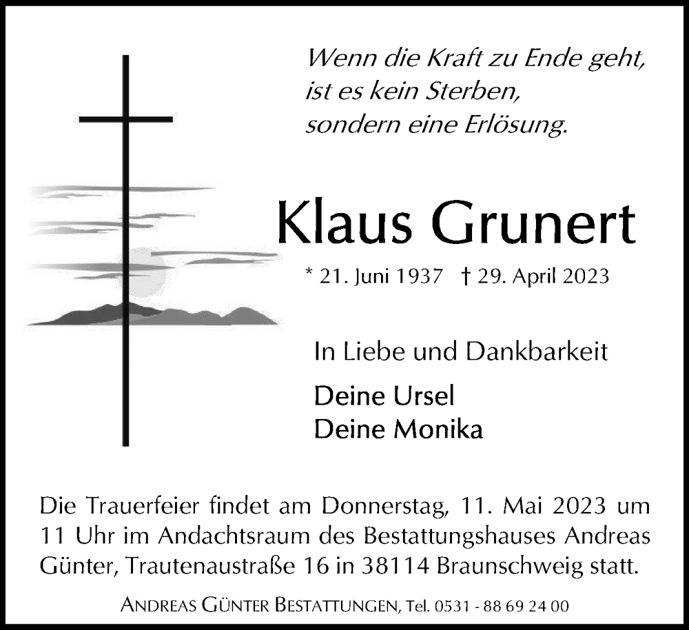  Traueranzeige für Klaus Grunert vom 06.05.2023 aus Braunschweiger Zeitung