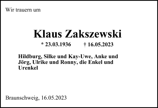 Traueranzeige von Klaus Zakszewski von Braunschweiger Zeitung