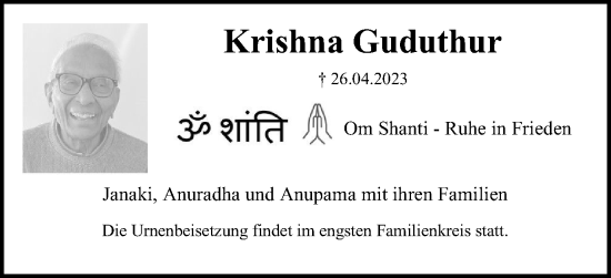 Traueranzeige von Krishna Guduthur von Braunschweiger Zeitung