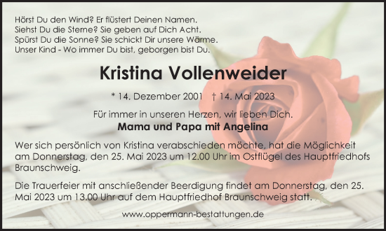 Traueranzeige von Kristina Vollenweider von Braunschweiger Zeitung