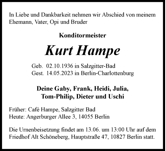 Traueranzeige von Kurt Hampe von Salzgitter-Zeitung
