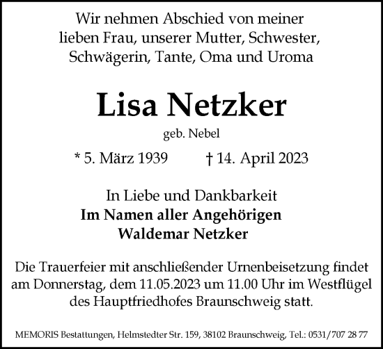 Traueranzeige von Lisa Netzker von Braunschweiger Zeitung