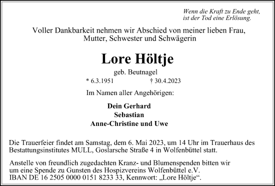 Traueranzeige von Lore Höltje von Wolfenbütteler Zeitung
