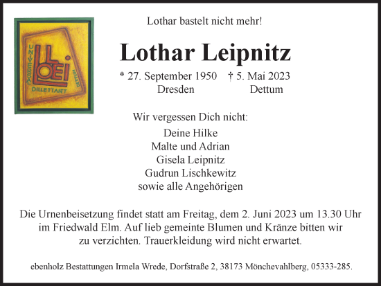 Traueranzeige von Lothar Leipnitz von Braunschweiger Zeitung