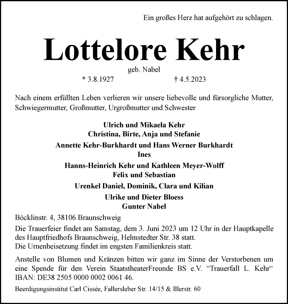  Traueranzeige für Lottelore Kehr vom 13.05.2023 aus Braunschweiger Zeitung