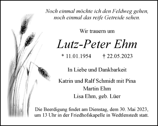 Traueranzeige von Lutz-Peter Ehm von Peiner Nachrichten