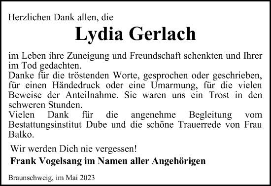 Traueranzeige von Lydia Gerlach von Braunschweiger Zeitung