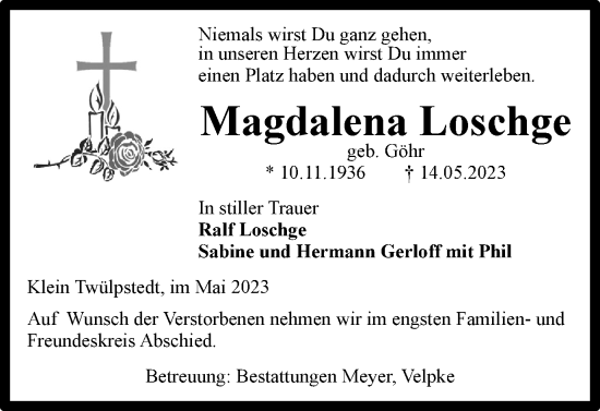 Traueranzeige von Magdalena Loschge von Braunschweiger Zeitung, Helmstedter Nachrichten