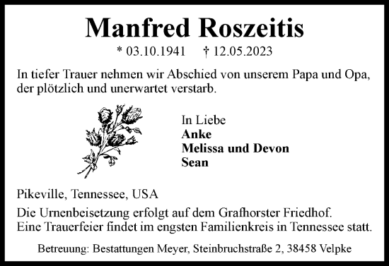 Traueranzeige von Manfred Roszeitis von Helmstedter Nachrichten