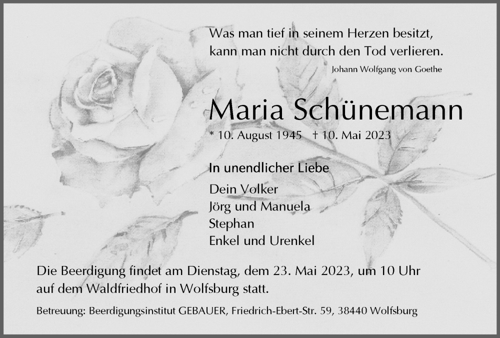  Traueranzeige für Maria Schünemann vom 17.05.2023 aus Wolfsburger Nachrichten