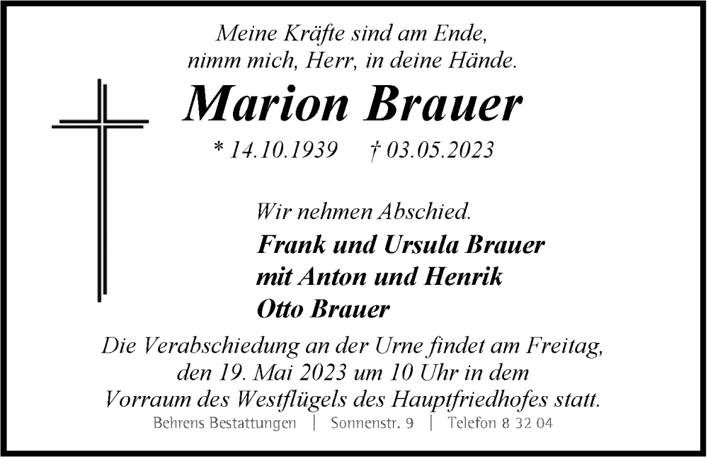  Traueranzeige für Marion Brauer vom 13.05.2023 aus Neue Braunschweiger am Samstag
