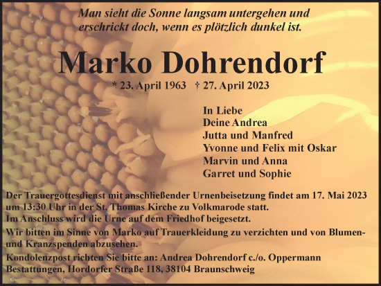 Traueranzeige von Marko Dohrendorf von Braunschweiger Zeitung