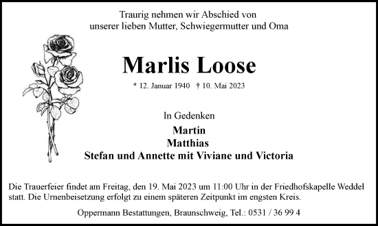Traueranzeige von Marlis Loose von Wolfenbütteler Zeitung