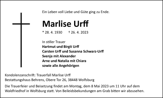 Traueranzeige von Marlise Urff von Wolfsburger Nachrichten