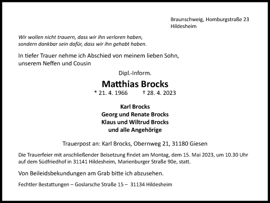 Traueranzeige von Matthias Brocks von Braunschweiger Zeitung
