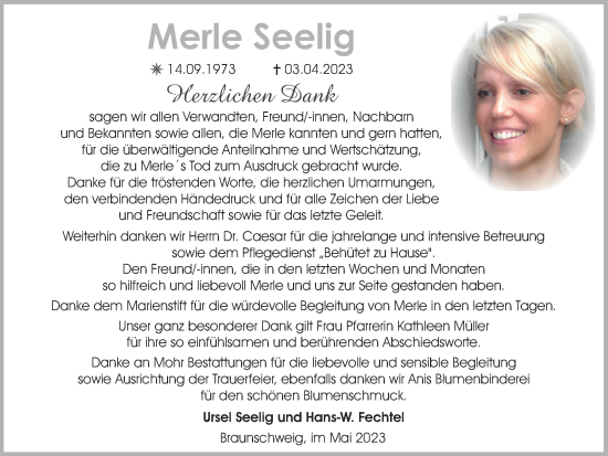 Traueranzeige von Merle Seelig von Braunschweiger Zeitung