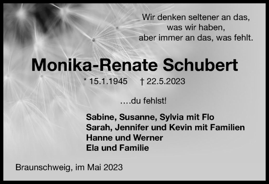 Traueranzeige von Monika-Renate Schubert von Braunschweiger Zeitung