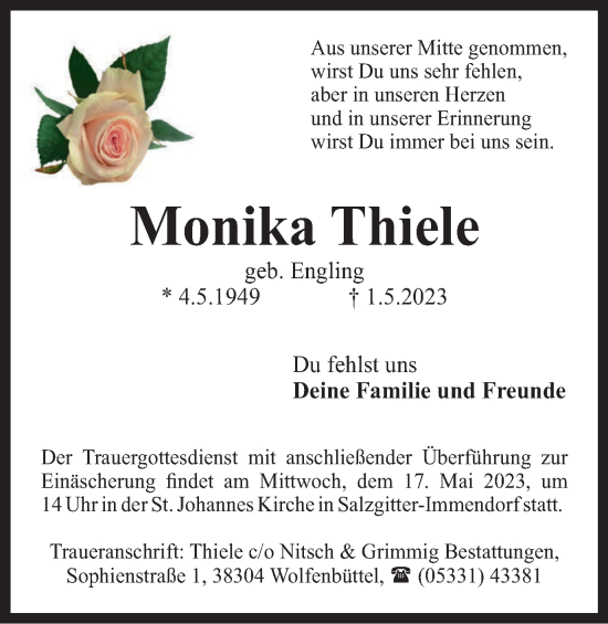 Traueranzeige von Monika Thiele von Salzgitter-Zeitung