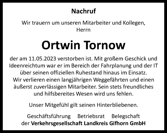 Traueranzeige von Ortwin Tornow von Wolfsburger Nachrichten
