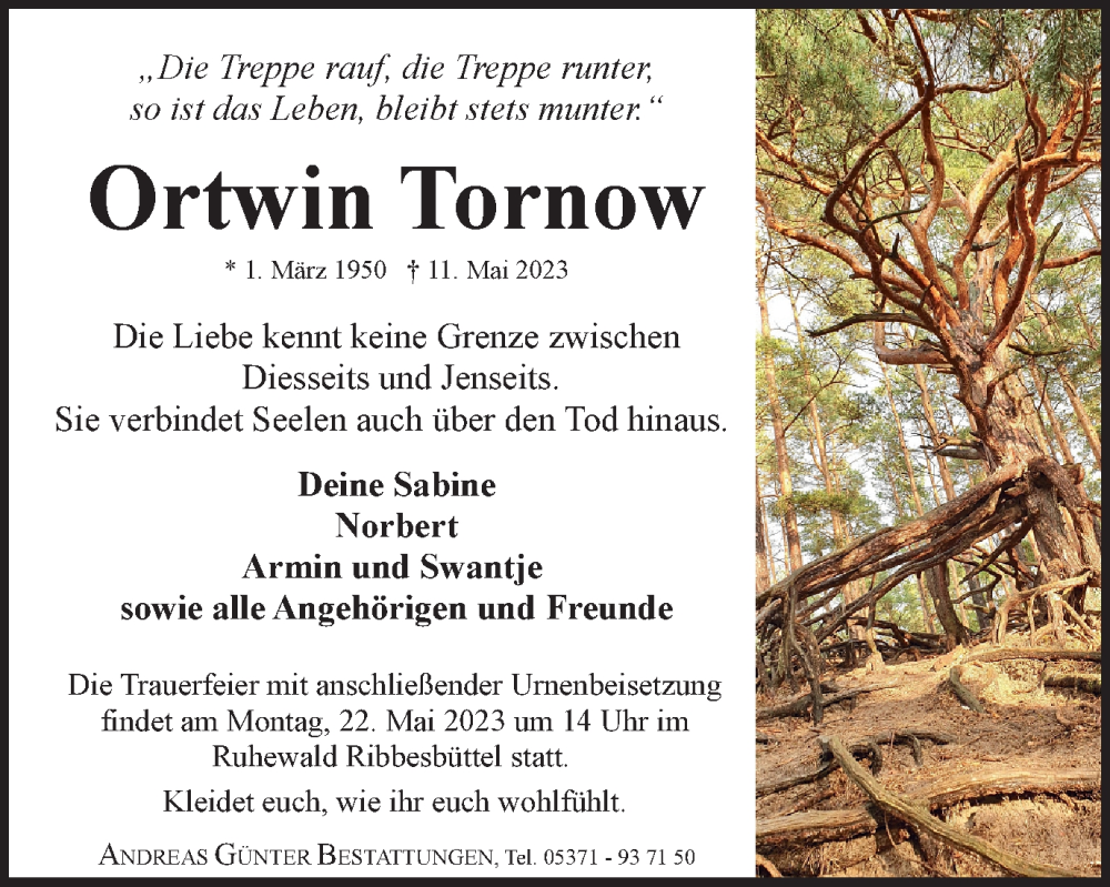  Traueranzeige für Ortwin Tornow vom 13.05.2023 aus Braunschweiger Zeitung