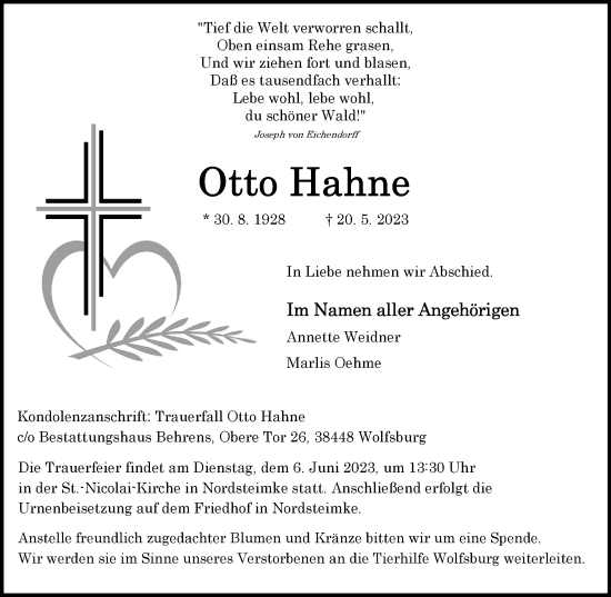 Traueranzeige von Otto Hahne von Wolfsburger Nachrichten