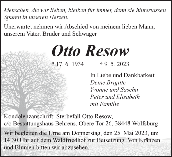Traueranzeige von Otto Resow von Wolfsburger Nachrichten