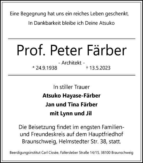 Traueranzeige von Peter Färber von Braunschweiger Zeitung