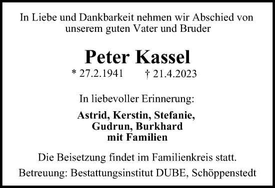 Traueranzeige von Peter Kassel von Wolfenbütteler Zeitung