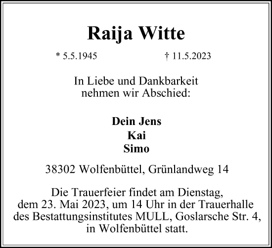 Traueranzeige von Raija Witte von Wolfenbütteler Zeitung
