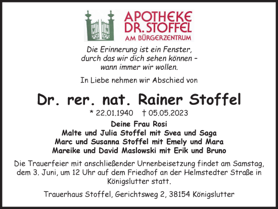 Traueranzeige von Rainer Stoffel von Peiner Nachrichten
