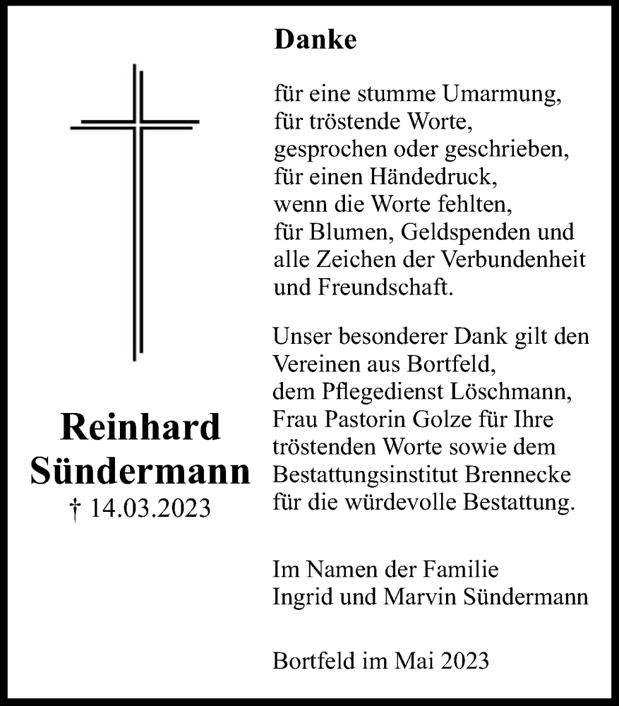  Traueranzeige für Reinhard Sündermann vom 13.05.2023 aus Peiner Nachrichten