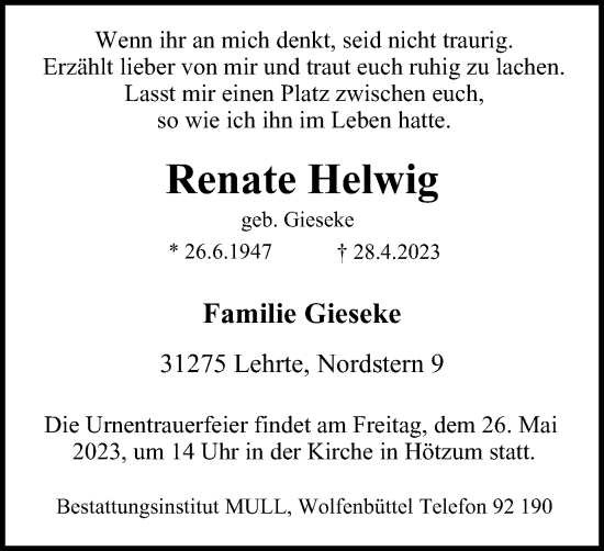 Traueranzeige von Renate Helwig von Wolfenbütteler Zeitung