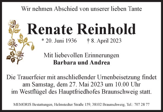 Traueranzeige von Renate Reinhold von Braunschweiger Zeitung