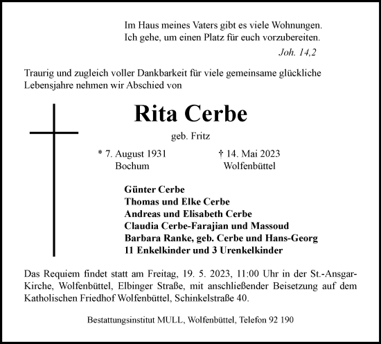 Traueranzeige von Rita Cerbe von Wolfenbütteler Zeitung
