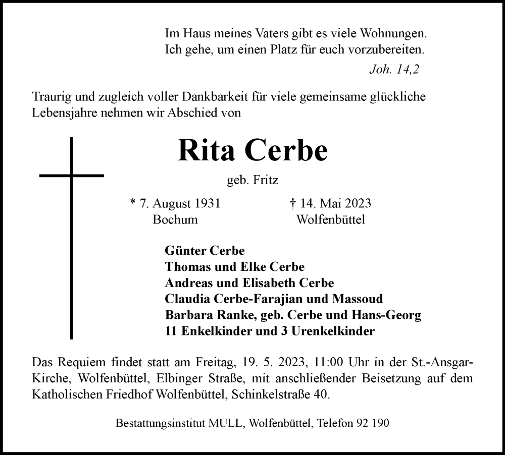  Traueranzeige für Rita Cerbe vom 17.05.2023 aus Wolfenbütteler Zeitung