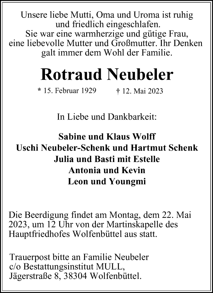  Traueranzeige für Rotraud Neubeler vom 20.05.2023 aus Wolfenbütteler Zeitung